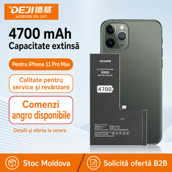 Baterie DEJI pentru iPhone 11 Pro Max, 4700 mAh, disponibilă angro în Moldova