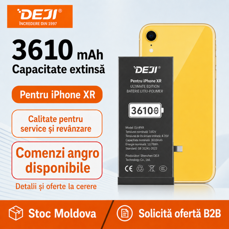 Baterie DEJI pentru iPhone XR, 3610 mAh, disponibilă angro în Moldova